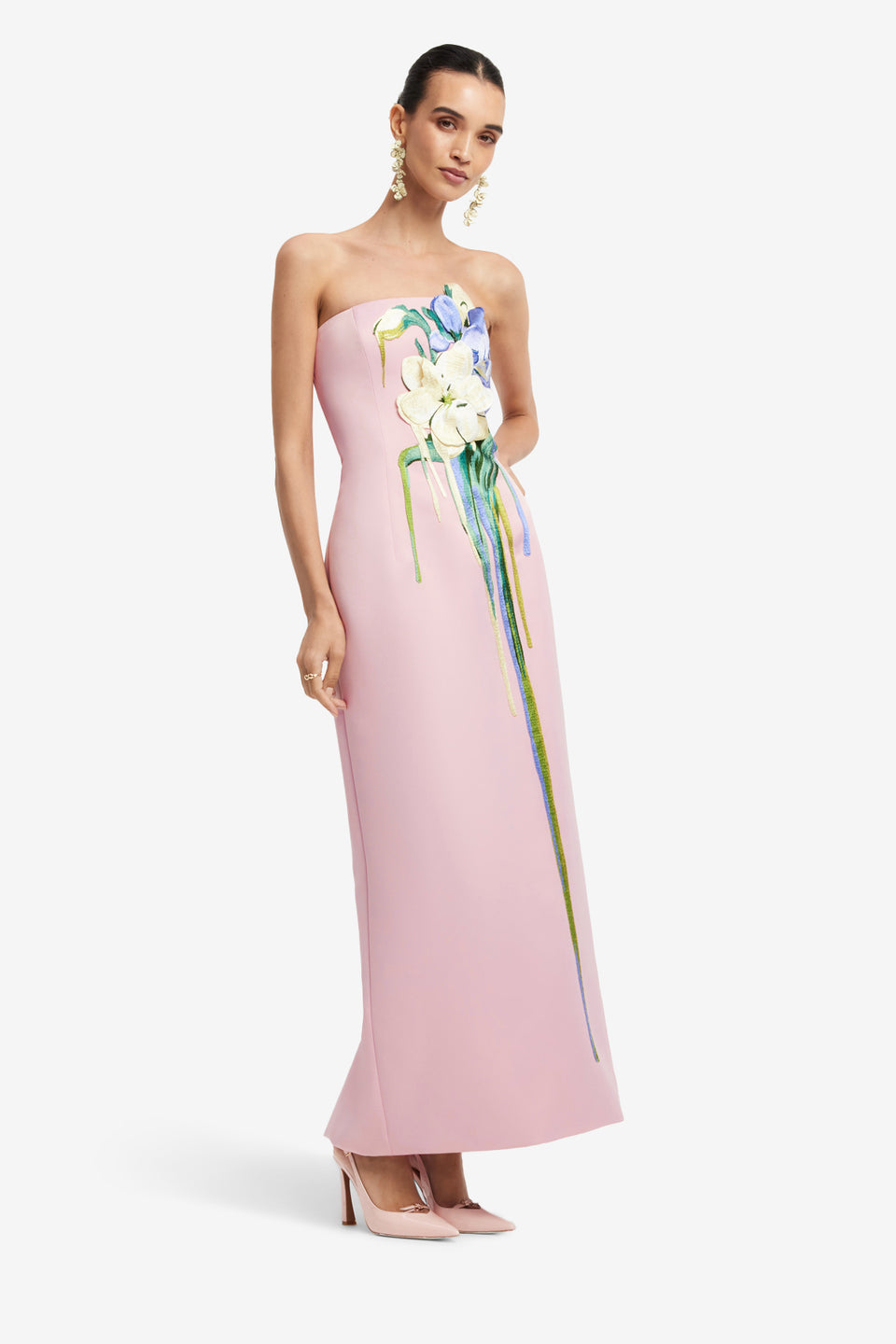 Exclusive LEO LIN Rayna Embroidered Bustier Maxi Dress - Bouquet Print in Pastel Pink