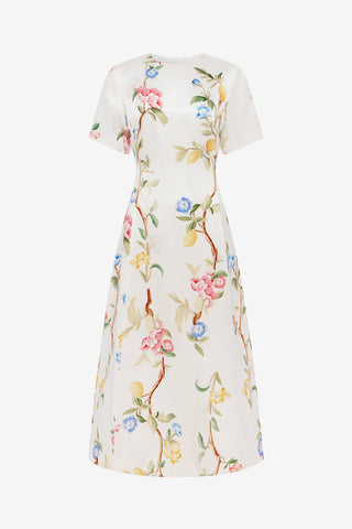Caroline Short Sleeve Midi Dress - Lemon Vine Print in Snow Dress Midi