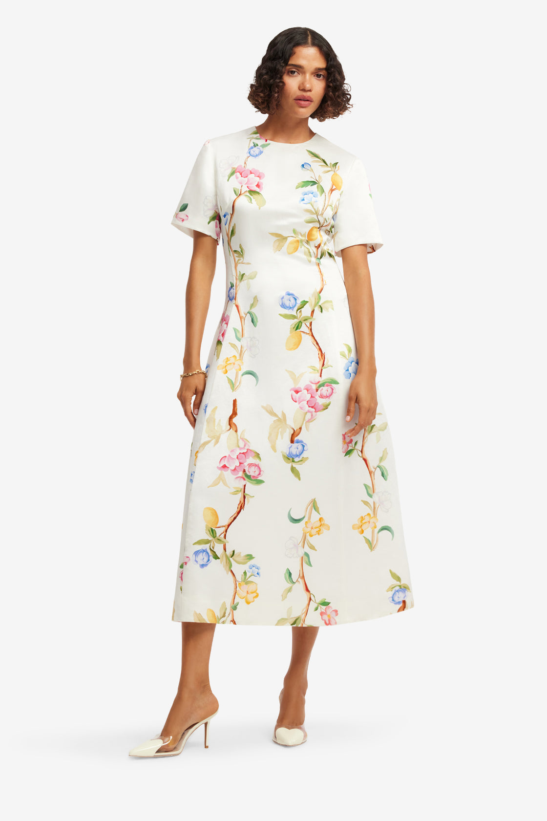 Caroline Short Sleeve Midi Dress - Lemon Vine Print in Snow Dress Midi