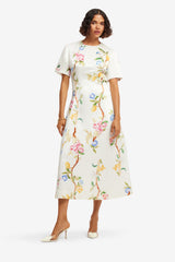 Caroline Short Sleeve Midi Dress - Lemon Vine Print in Snow Dress Midi