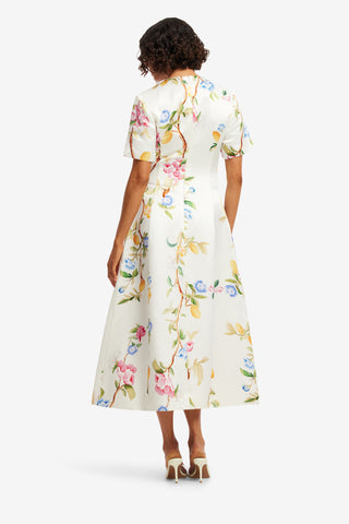 Caroline Short Sleeve Midi Dress - Lemon Vine Print in Snow Dress Midi