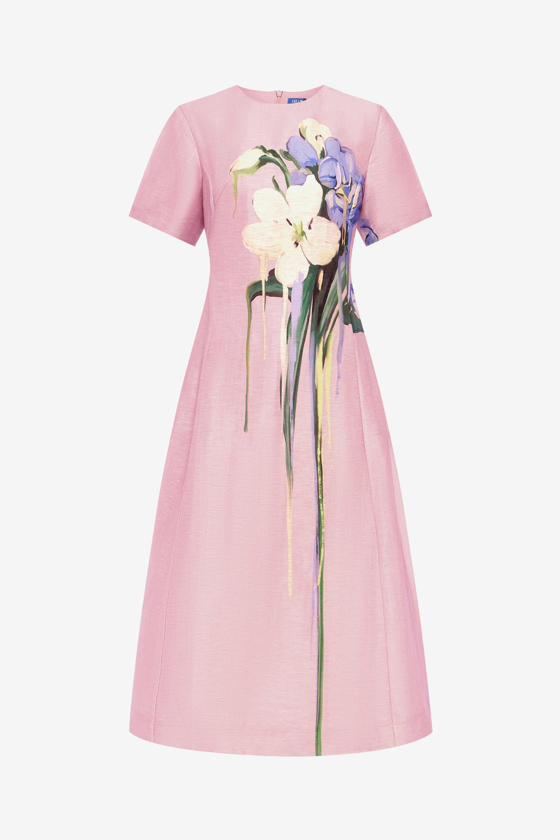 Exclusive LEO LIN Caroline Short Sleeve Midi Dress - Bouquet Print in Pastel Pink