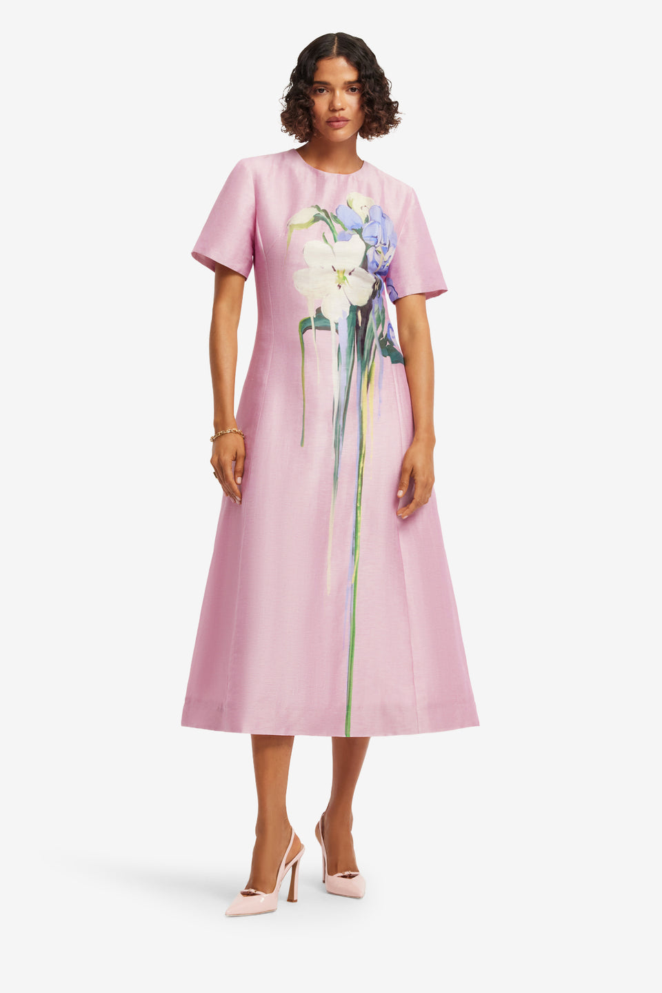 Exclusive LEO LIN Caroline Short Sleeve Midi Dress - Bouquet Print in Pastel Pink