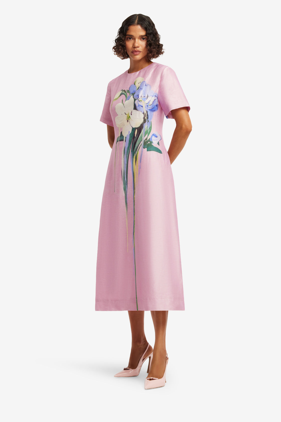 Exclusive LEO LIN Caroline Short Sleeve Midi Dress - Bouquet Print in Pastel Pink