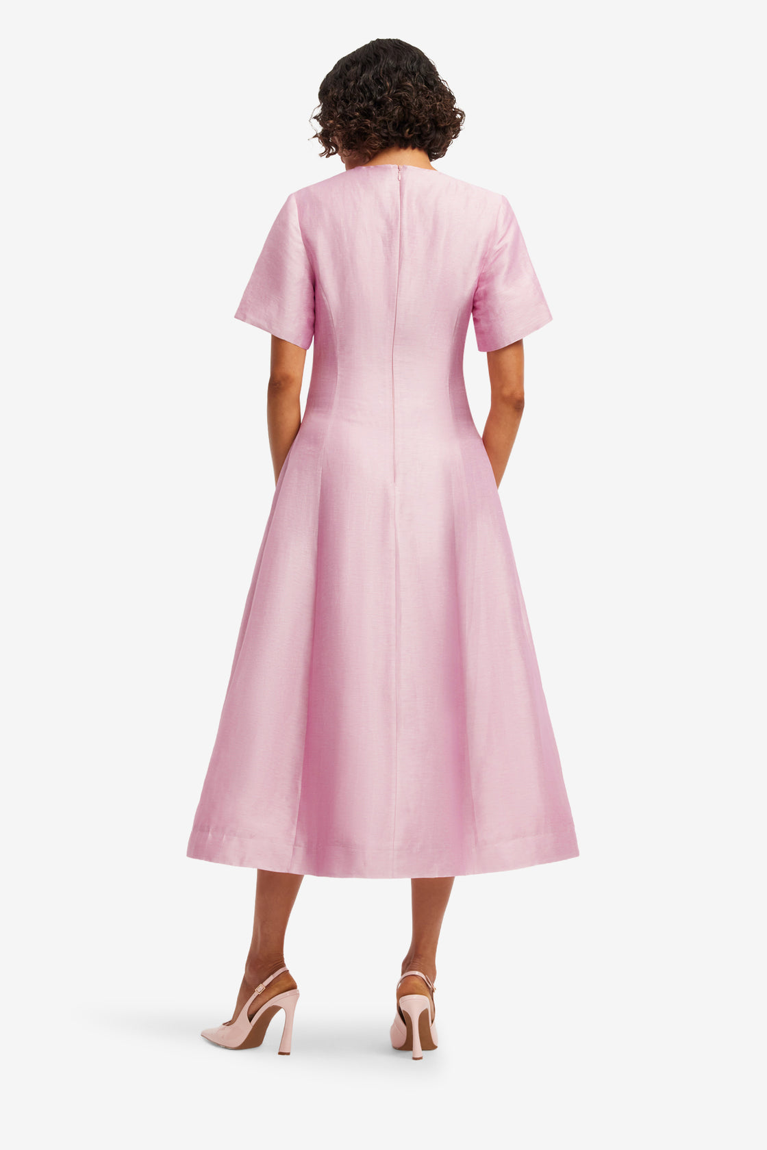 Exclusive LEO LIN Caroline Short Sleeve Midi Dress - Bouquet Print in Pastel Pink