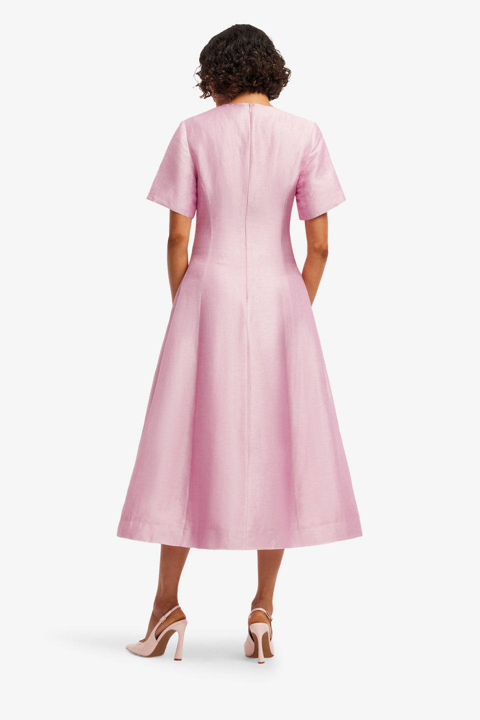 Exclusive LEO LIN Caroline Short Sleeve Midi Dress - Bouquet Print in Pastel Pink