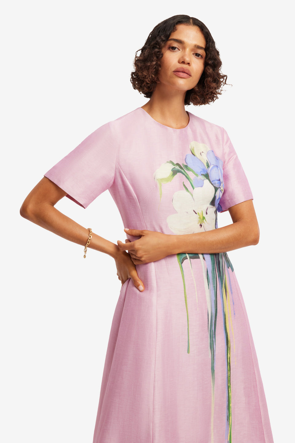Exclusive LEO LIN Caroline Short Sleeve Midi Dress - Bouquet Print in Pastel Pink