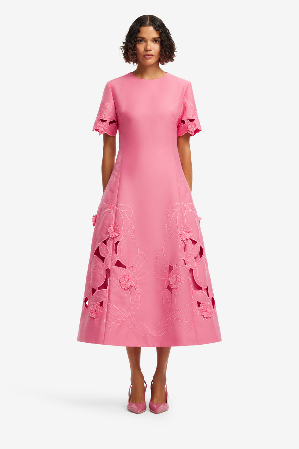 Exclusive LEO LIN Caroline Applique Short Sleeve Midi Dress - Fuchsia