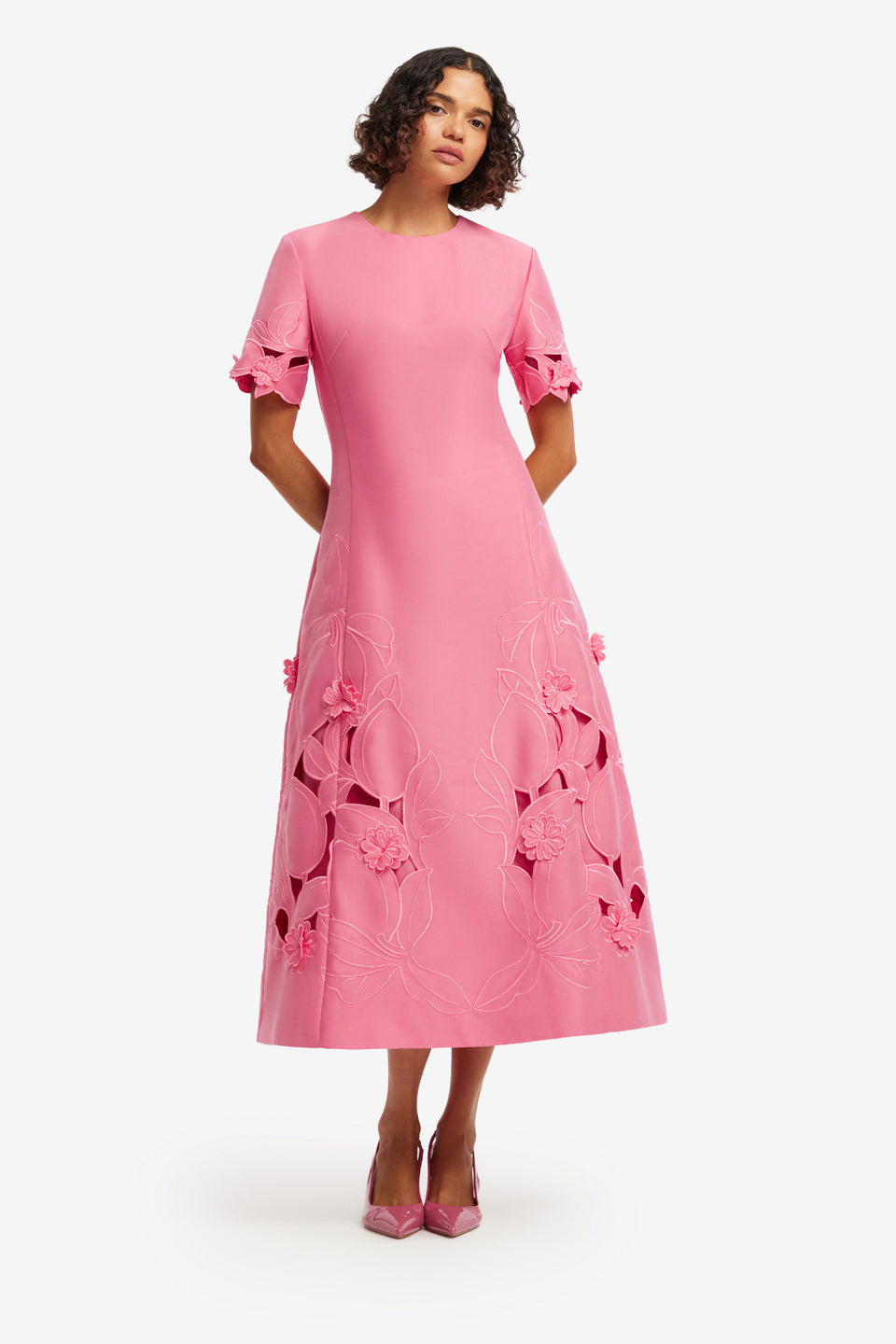 Exclusive LEO LIN Caroline Applique Short Sleeve Midi Dress - Fuchsia