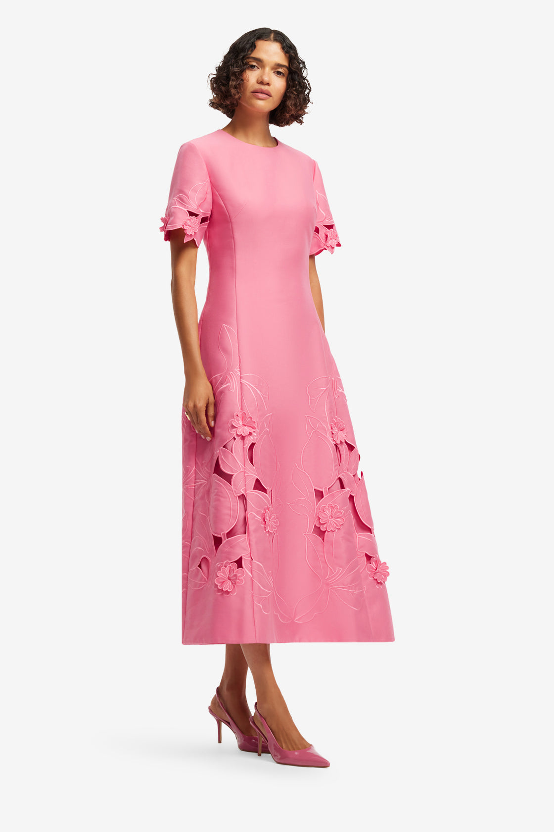 Caroline Appliqu Short Sleeve Midi Dress - Fuchsia LEO LIN Caroline Appliqu Short Sleeve Midi Dress - Fuchsia LEO LIN