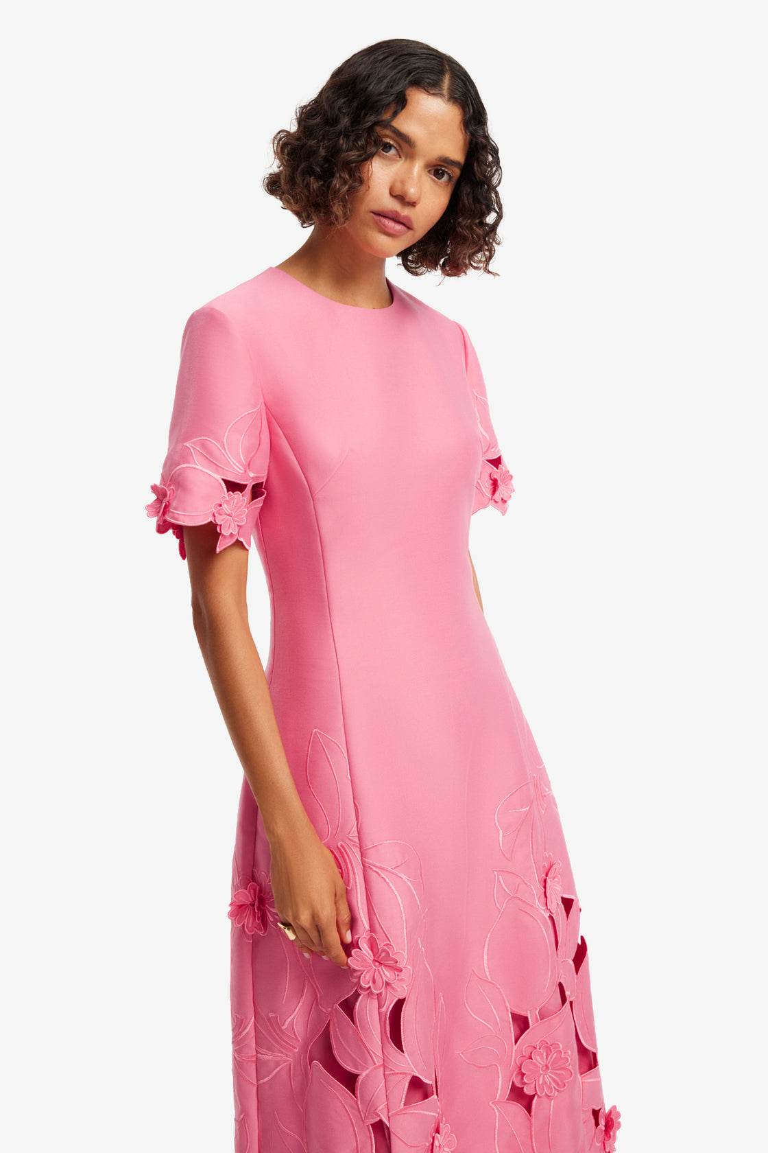 Exclusive LEO LIN Caroline Applique Short Sleeve Midi Dress - Fuchsia