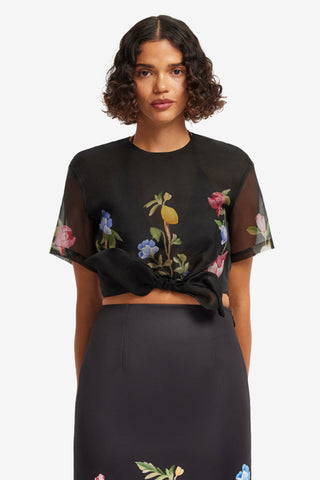 Exclusive LEO LIN Riley Sleeve Top - Lemon Vine Print in Ebony