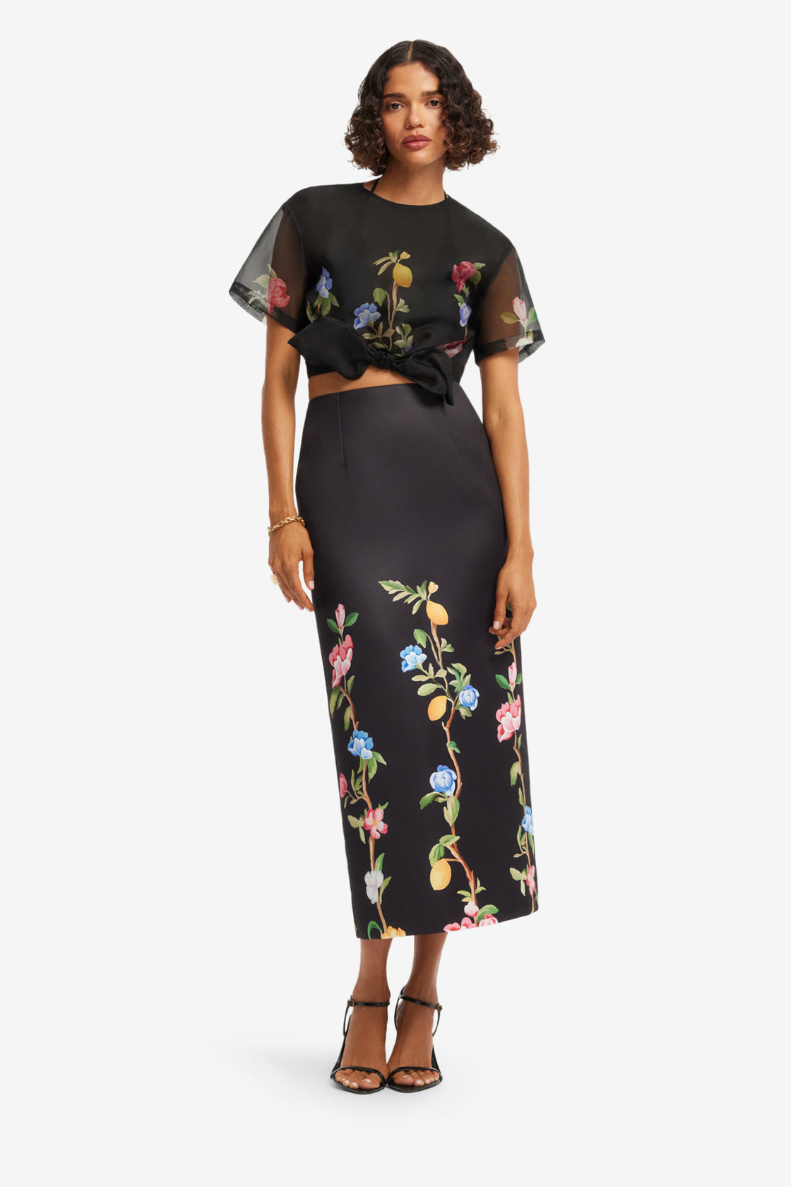Exclusive LEO LIN Riley Sleeve Top - Lemon Vine Print in Ebony