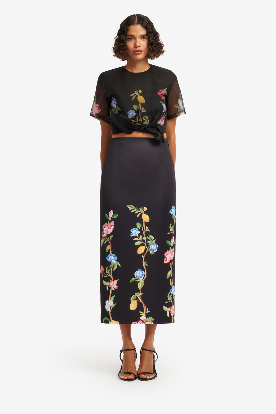 Exclusive LEO LIN Quinn Midi Skirt - Lemon Vine Print in Ebony