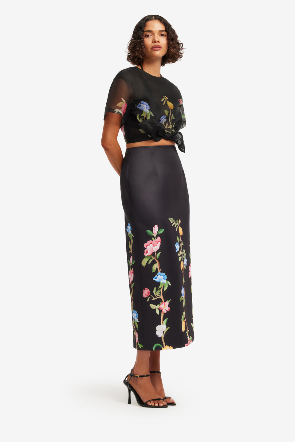 Exclusive LEO LIN Quinn Midi Skirt - Lemon Vine Print in Ebony