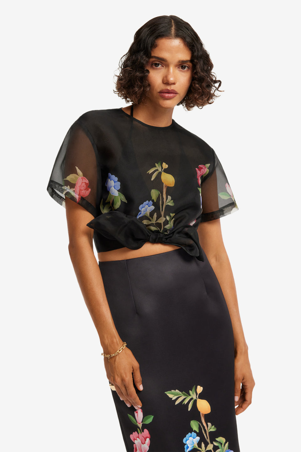 Exclusive LEO LIN Quinn Midi Skirt - Lemon Vine Print in Ebony