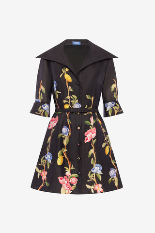 Exclusive LEO LIN Genevieve Sleeve Mini Dress - Lemon Vine Print in Ebony