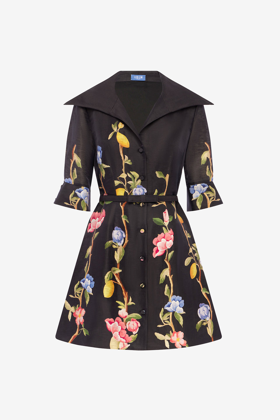 Exclusive LEO LIN Genevieve Sleeve Mini Dress - Lemon Vine Print in Ebony