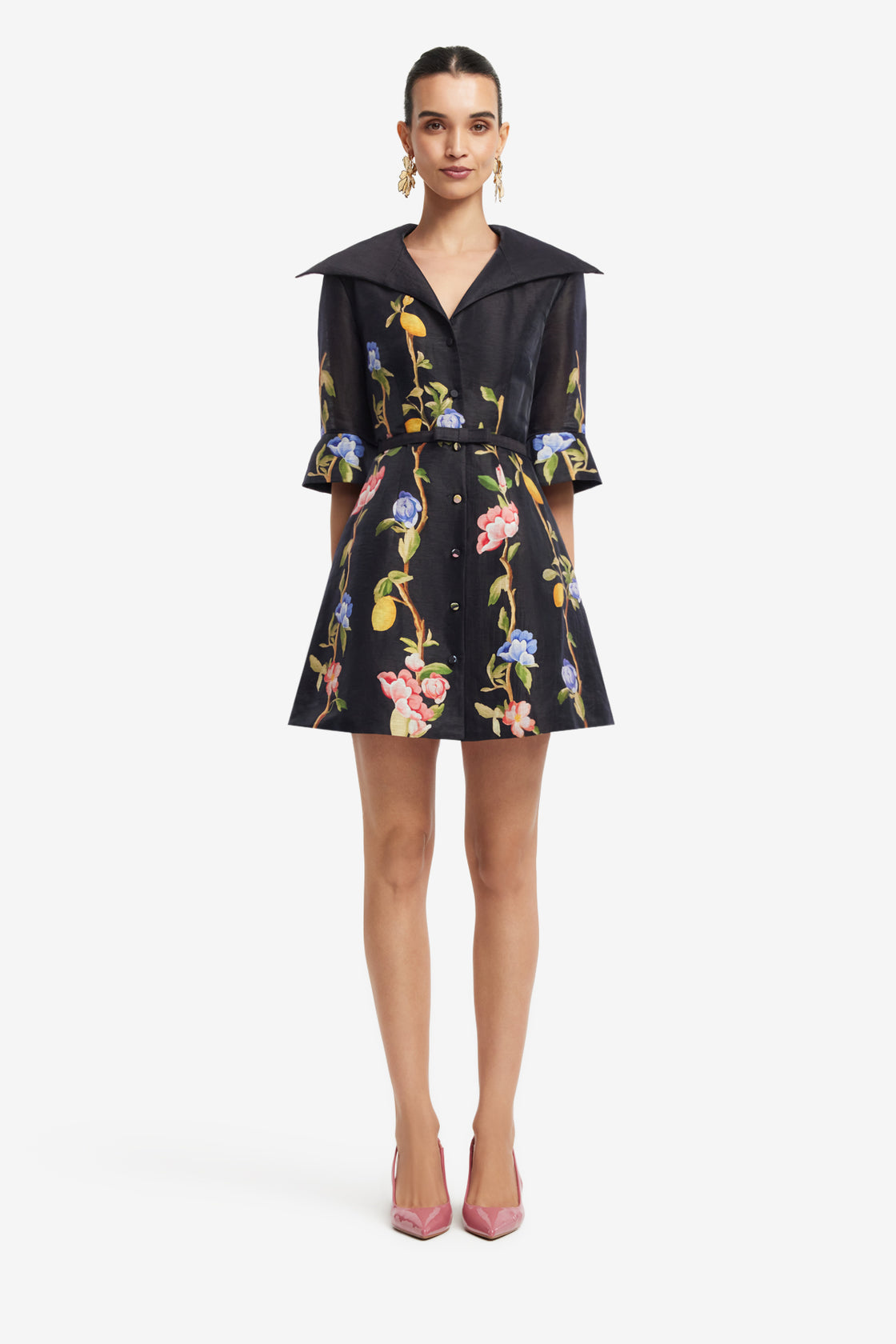 Exclusive LEO LIN Genevieve Sleeve Mini Dress - Lemon Vine Print in Ebony