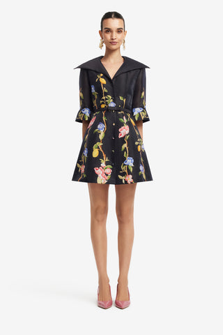 Exclusive LEO LIN Genevieve Sleeve Mini Dress - Lemon Vine Print in Ebony