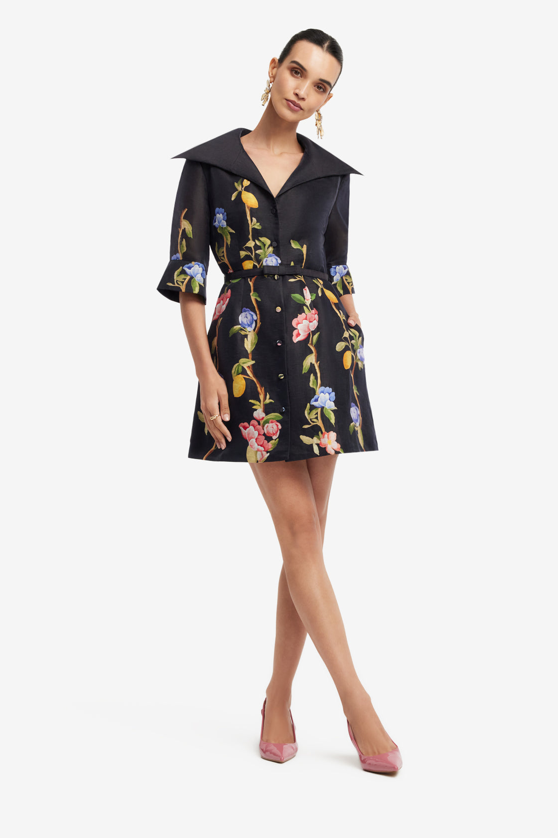 Exclusive LEO LIN Genevieve Sleeve Mini Dress - Lemon Vine Print in Ebony