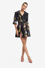 Genevieve Sleeve Mini Dress - Lemon Vine Print in Ebony Dress Mini