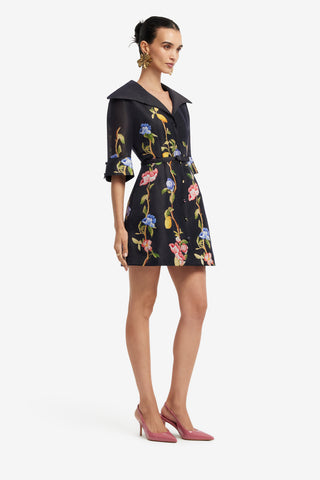 Exclusive LEO LIN Genevieve Sleeve Mini Dress - Lemon Vine Print in Ebony