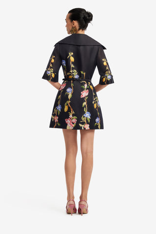 Exclusive LEO LIN Genevieve Sleeve Mini Dress - Lemon Vine Print in Ebony