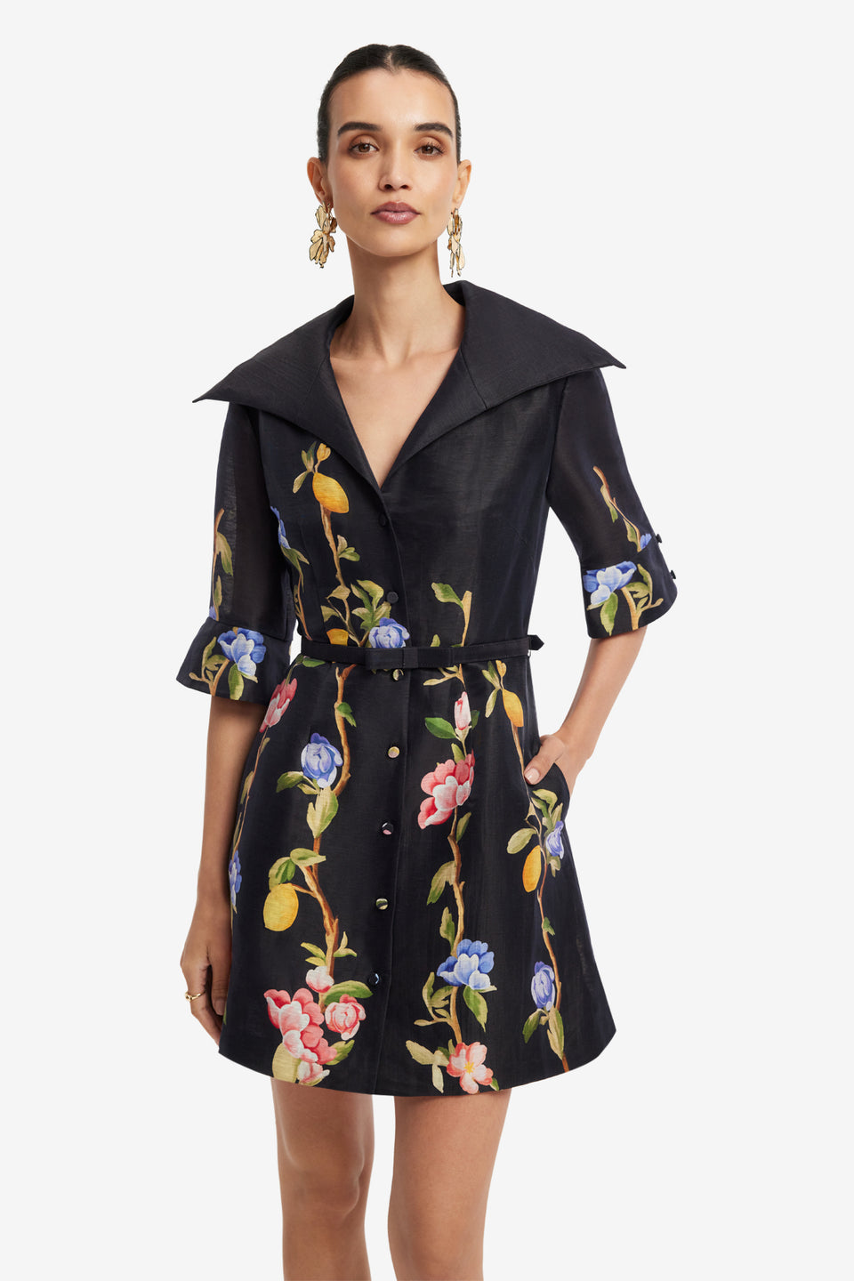 Exclusive LEO LIN Genevieve Sleeve Mini Dress - Lemon Vine Print in Ebony