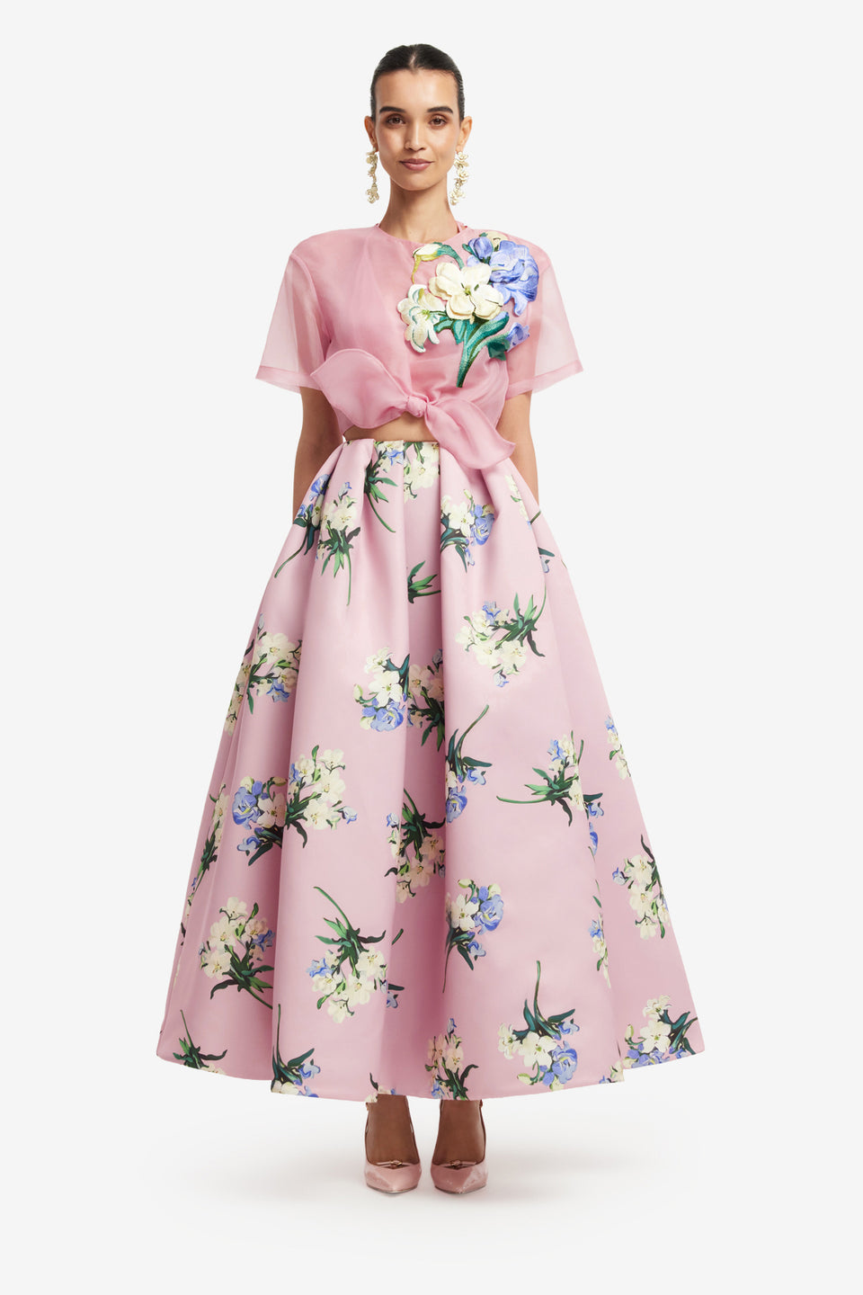 Exclusive LEO LIN Victoria Puff Maxi Skirt - Bouquet Print in Pastel Pink