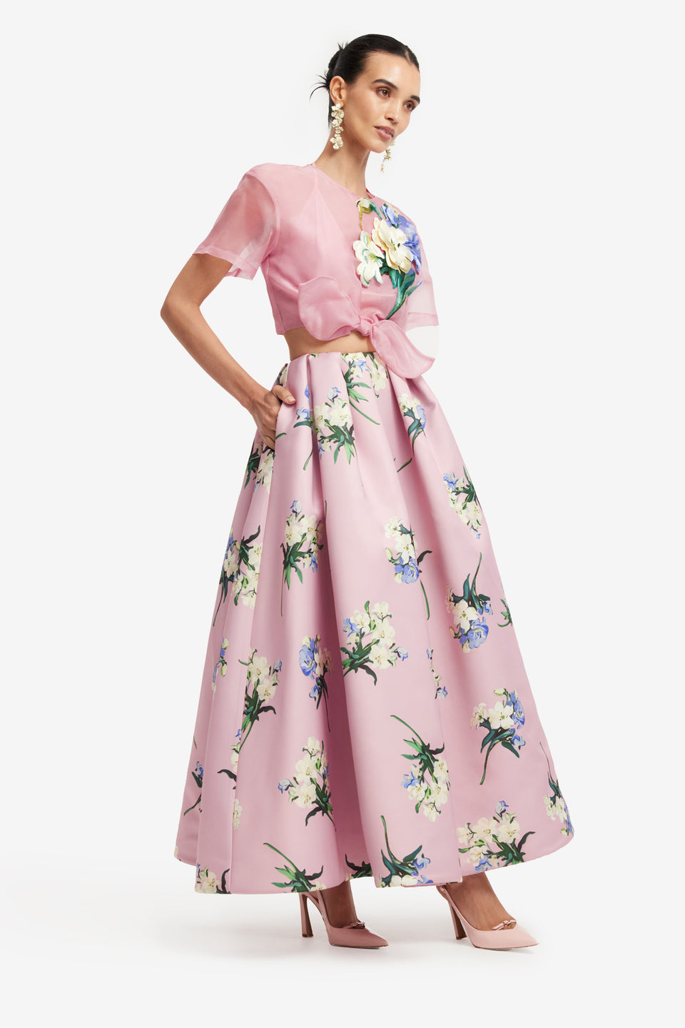 Exclusive LEO LIN Victoria Puff Maxi Skirt - Bouquet Print in Pastel Pink