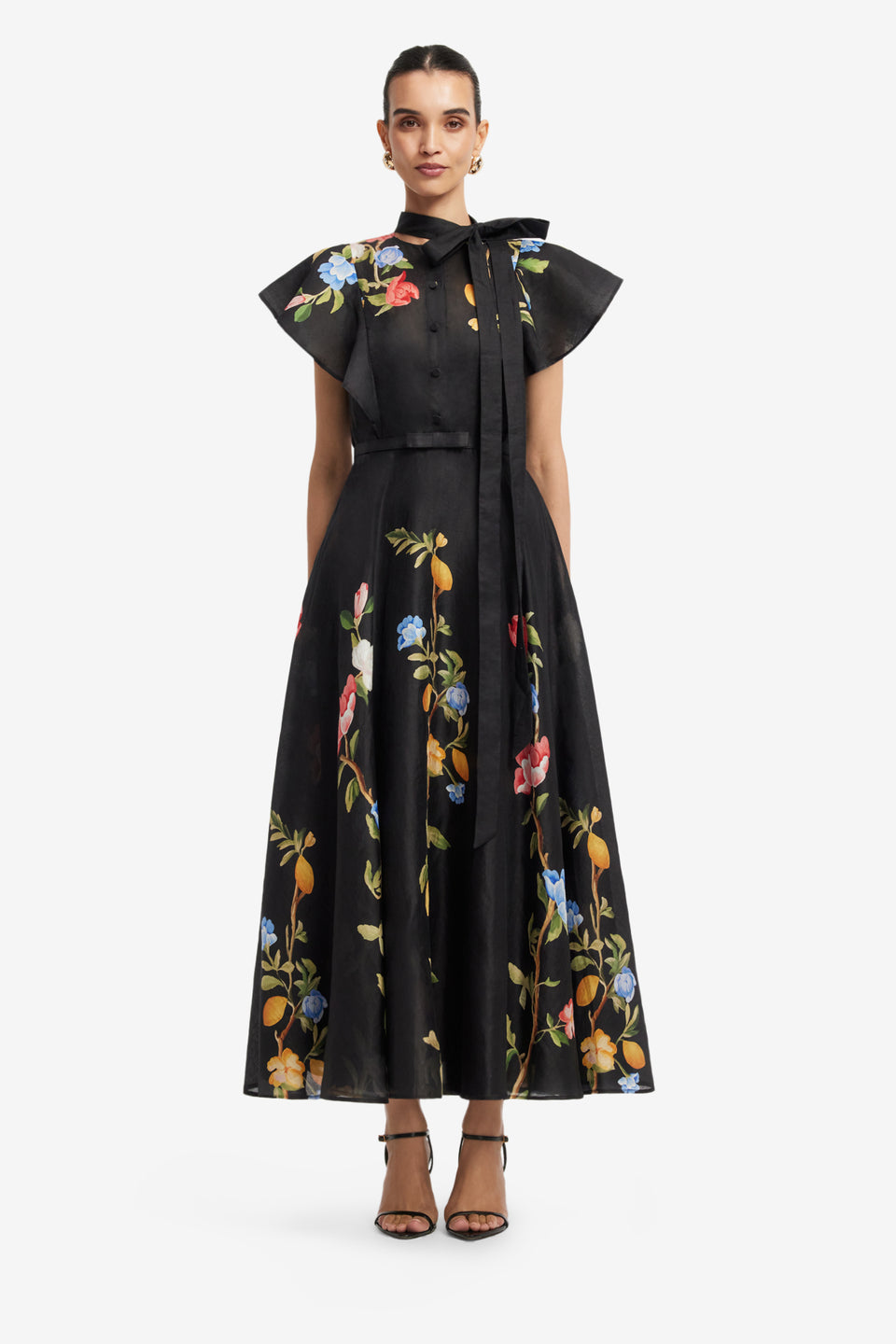 Exclusive LEO LIN Elsie Flutter Sleeve Midi Dress - Lemon Vine Print in Ebony