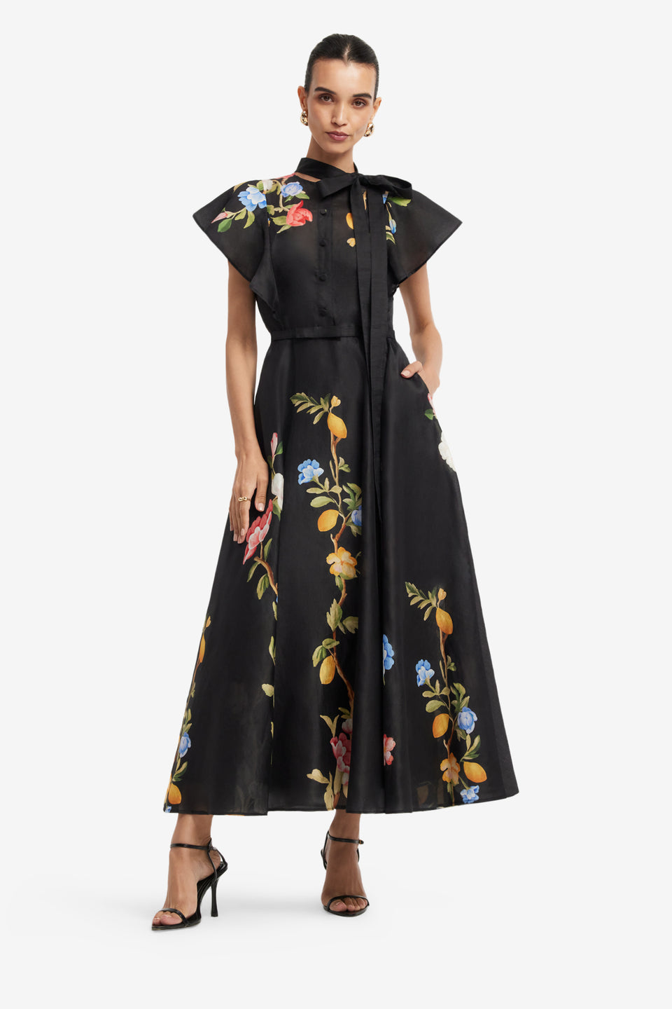 Exclusive LEO LIN Elsie Flutter Sleeve Midi Dress - Lemon Vine Print in Ebony