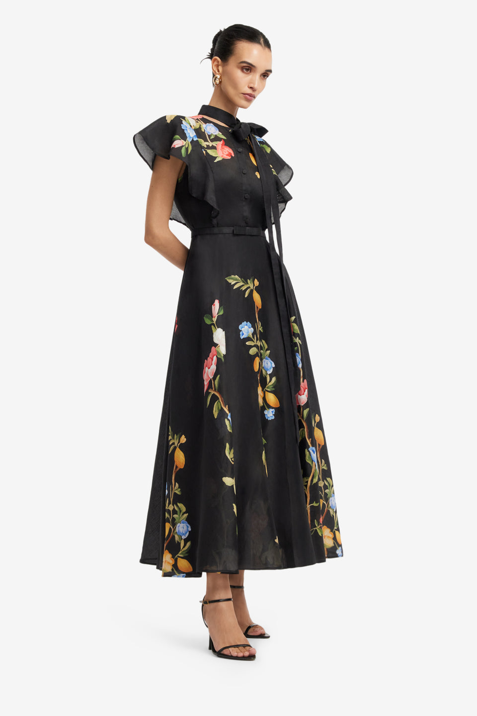Exclusive LEO LIN Elsie Flutter Sleeve Midi Dress - Lemon Vine Print in Ebony