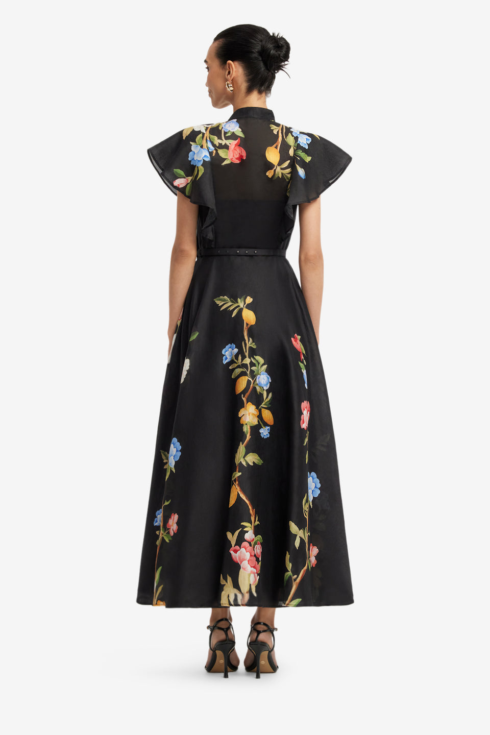 Exclusive LEO LIN Elsie Flutter Sleeve Midi Dress - Lemon Vine Print in Ebony
