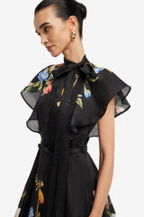 Elsie Flutter Sleeve Midi Dress - Lemon Vine Print in Ebony Dress Midi