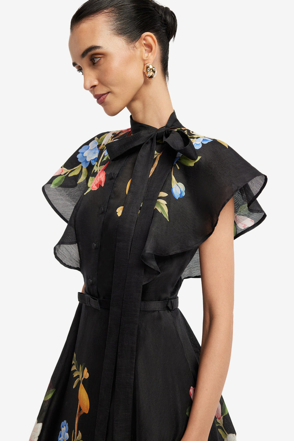 Exclusive LEO LIN Elsie Flutter Sleeve Midi Dress - Lemon Vine Print in Ebony