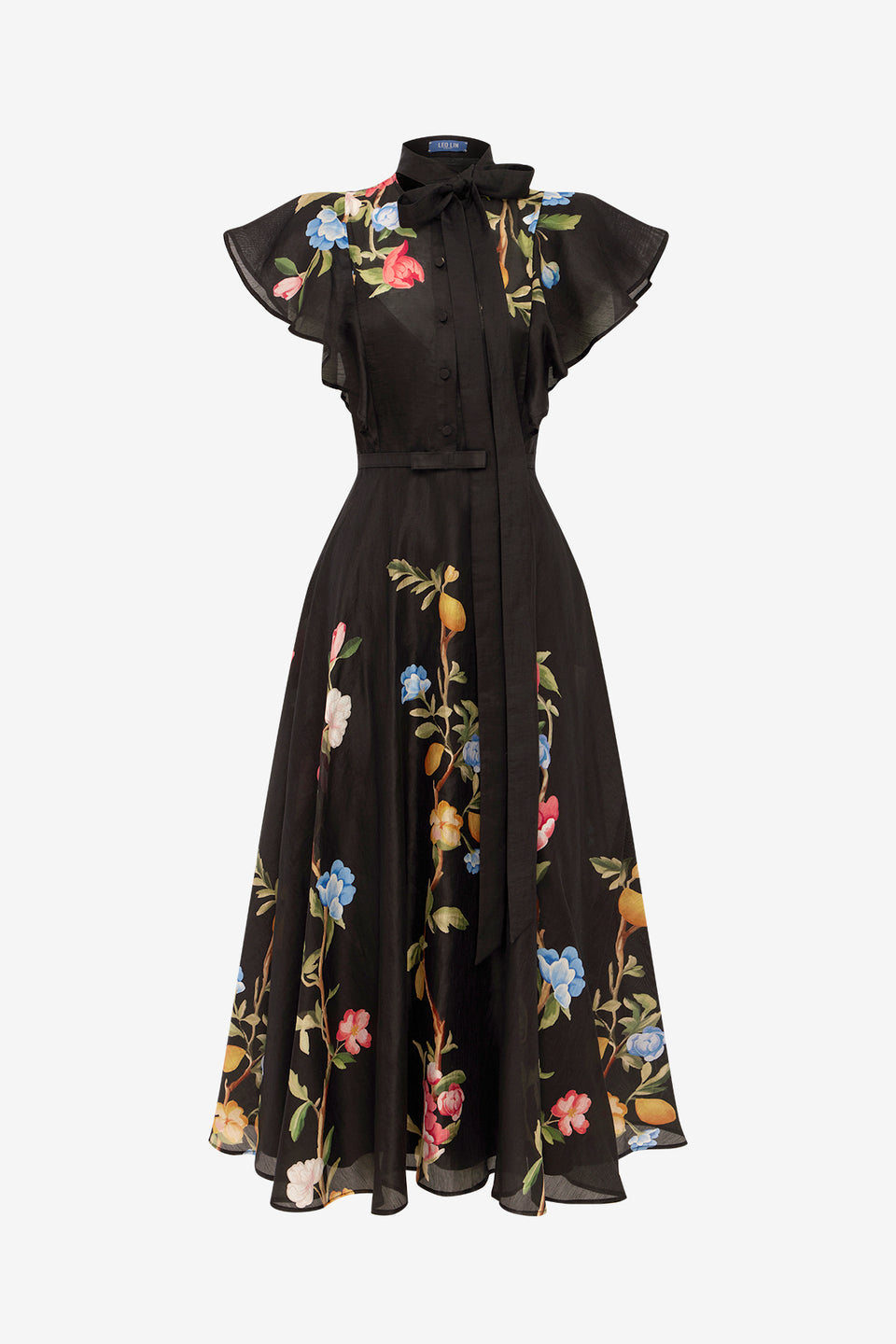 Exclusive LEO LIN Elsie Flutter Sleeve Midi Dress - Lemon Vine Print in Ebony