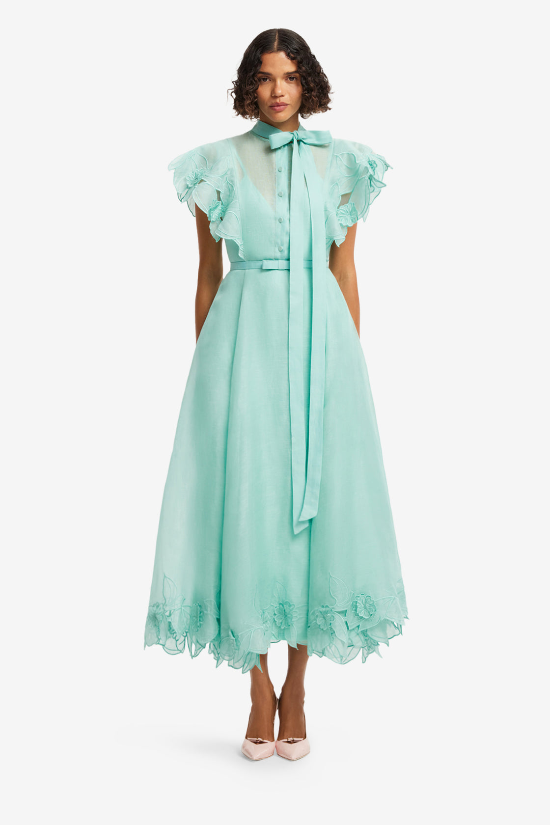 Exclusive LEO LIN Elsie Applique Flutter Sleeve Maxi Dress - Pale Turquoise