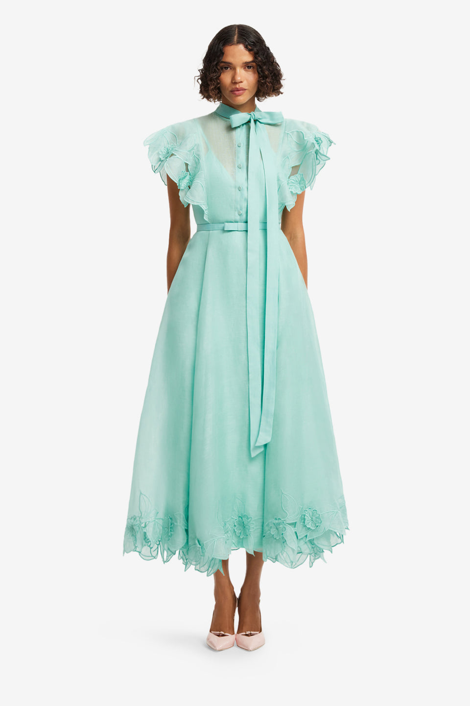 Exclusive LEO LIN Elsie Applique Flutter Sleeve Maxi Dress - Pale Turquoise