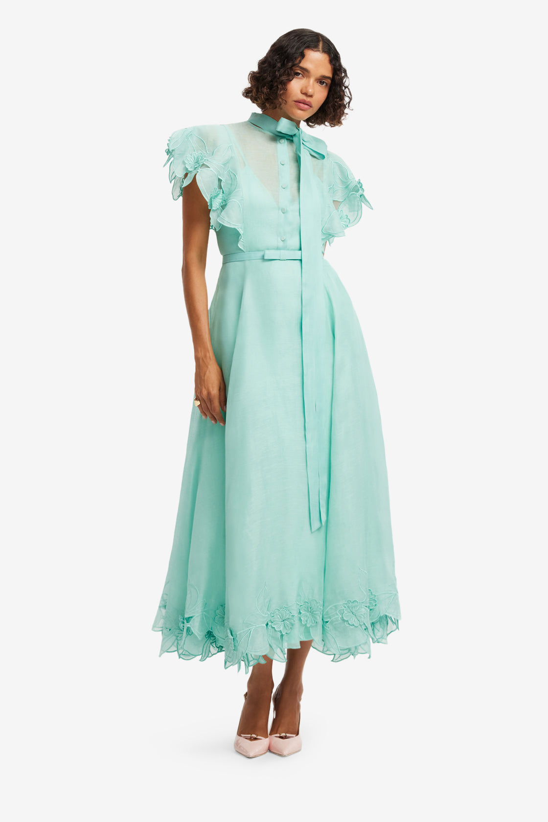 Exclusive LEO LIN Elsie Applique Flutter Sleeve Maxi Dress - Pale Turquoise