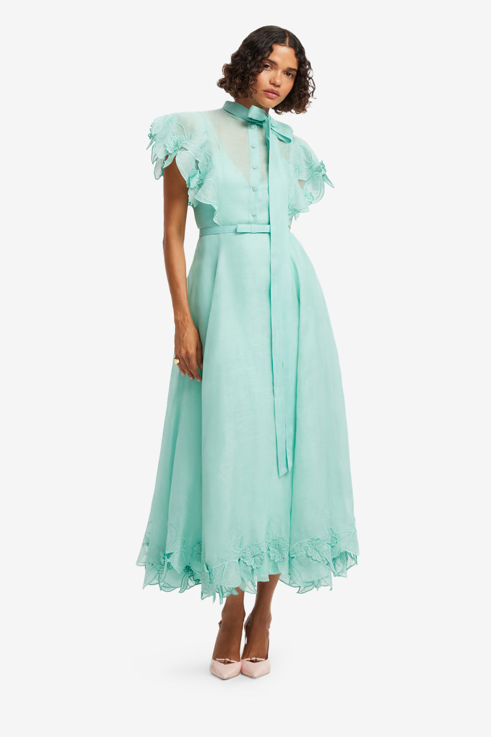 Exclusive LEO LIN Elsie Applique Flutter Sleeve Maxi Dress - Pale Turquoise