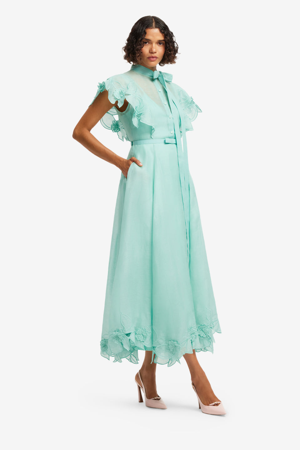 Exclusive LEO LIN Elsie Applique Flutter Sleeve Maxi Dress - Pale Turquoise