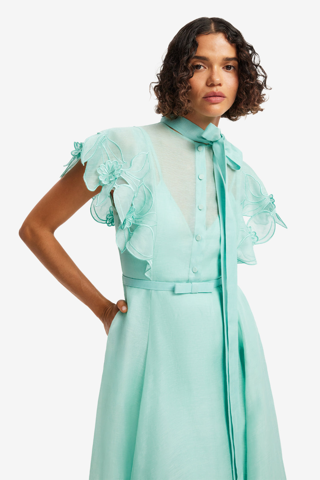 Exclusive LEO LIN Elsie Applique Flutter Sleeve Maxi Dress - Pale Turquoise