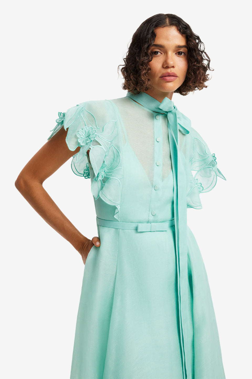Exclusive LEO LIN Elsie Applique Flutter Sleeve Maxi Dress - Pale Turquoise
