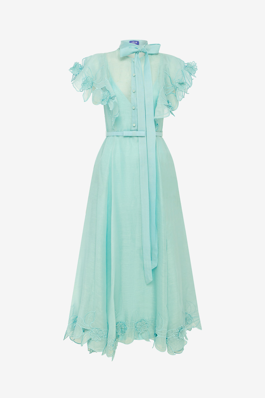 Exclusive LEO LIN Elsie Applique Flutter Sleeve Maxi Dress - Pale Turquoise
