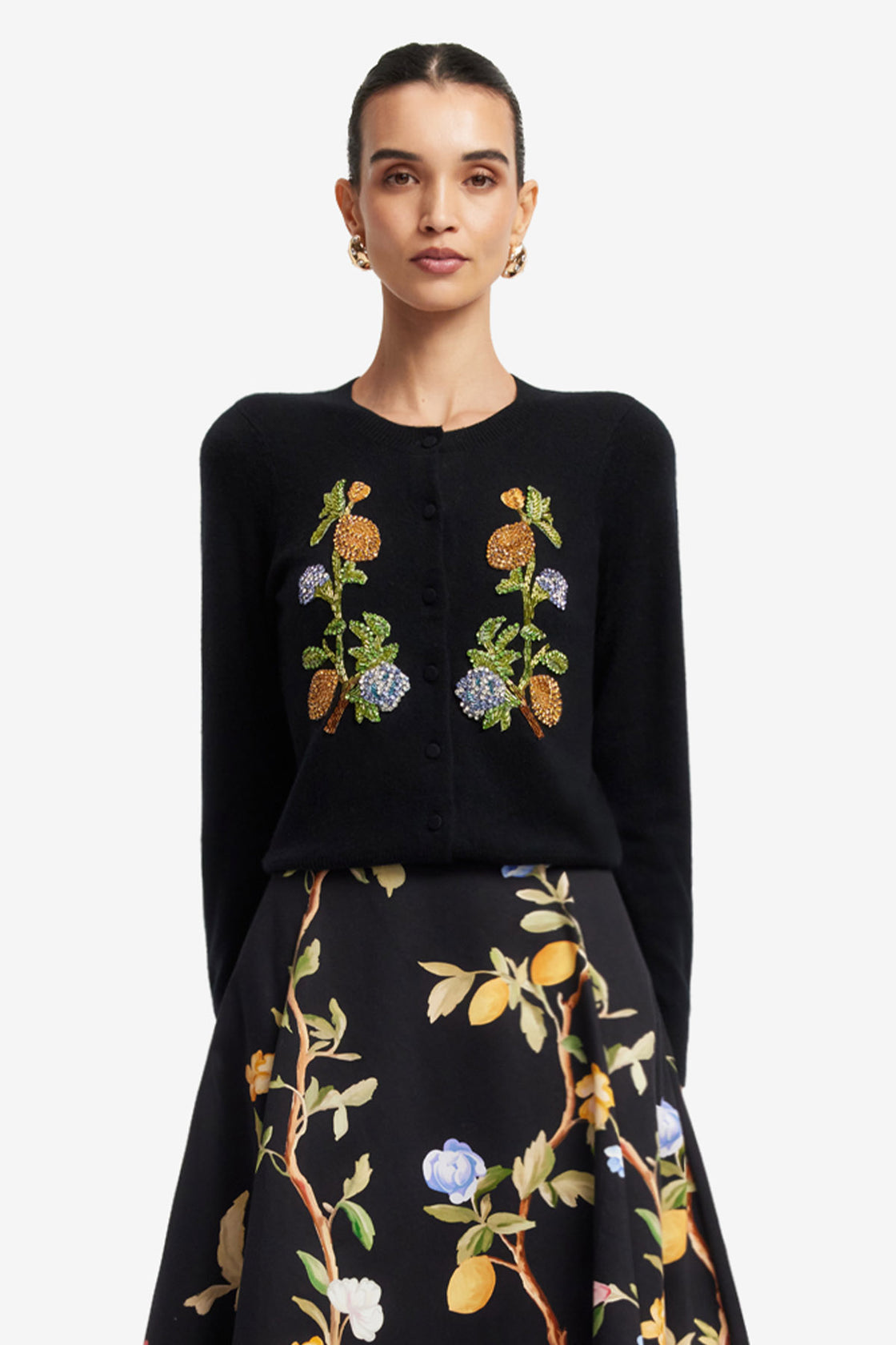 Exclusive LEO LIN Claire Embellished Knit Cardigan - Lemon Vine Print in Ebony
