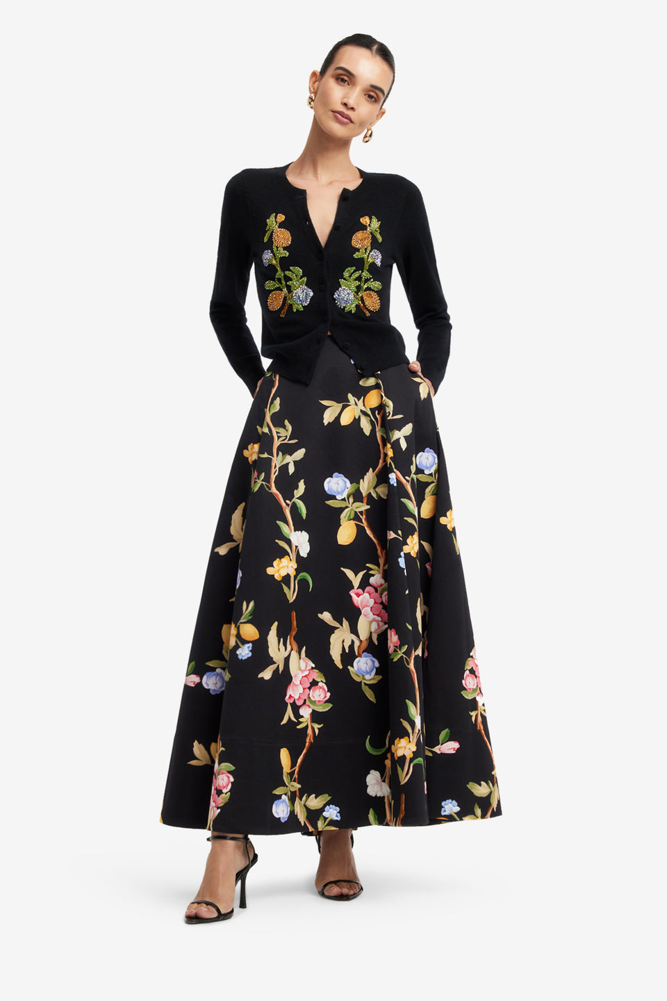 Exclusive LEO LIN Claire Embellished Knit Cardigan - Lemon Vine Print in Ebony