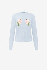 Claire Embellished Knit Cardigan - Ditsy Floral Print in Blue Tops