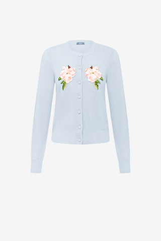 Exclusive LEO LIN Claire Embellished Knit Cardigan - Ditsy Floral Print in Blue